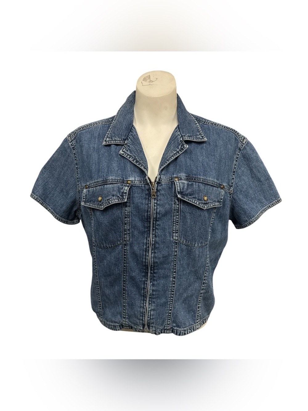 Liz Wear Short-Sleeve Zip-Up Denim Jacket - Blue Size L